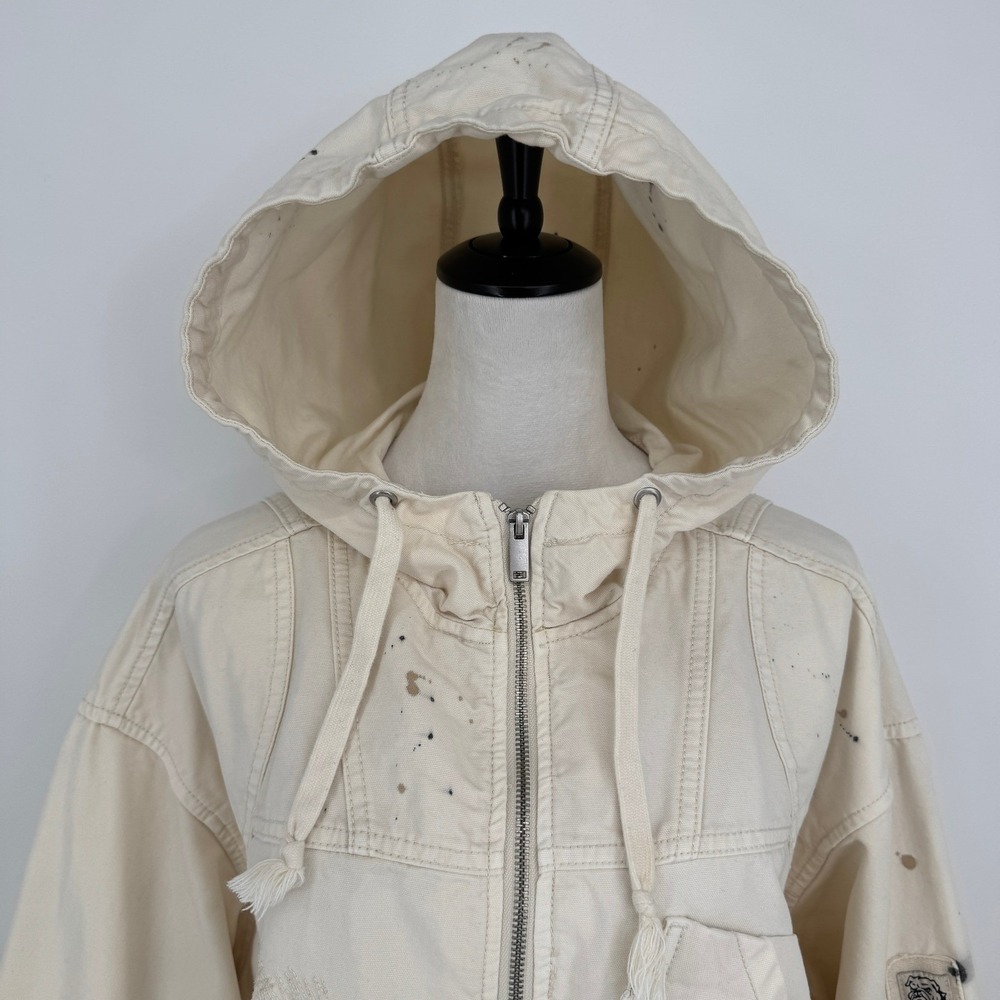 BDG Hooded Jacket Size Medium Cream Paint Splatter Workwear Grunge Casual Street - Picture 2 of 12